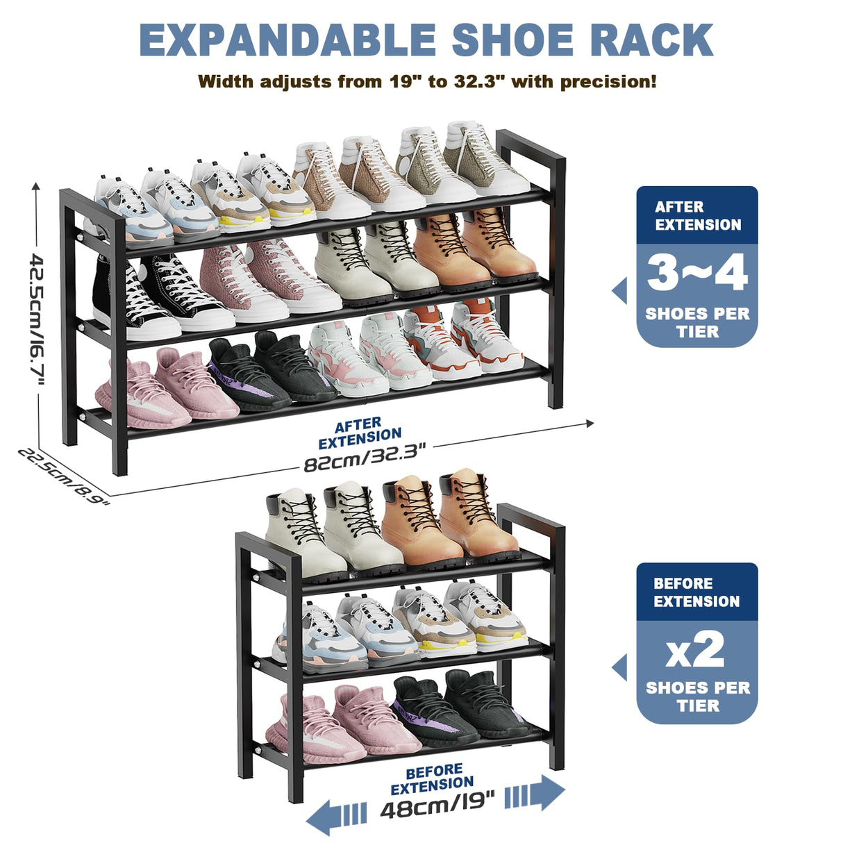 Mavivegue Expandable Shoe Rack for Closet, 3-Tier Shoe Organizer, Adjustable Shoe Rack for Front Door Entrance, Entryway Mavivegue