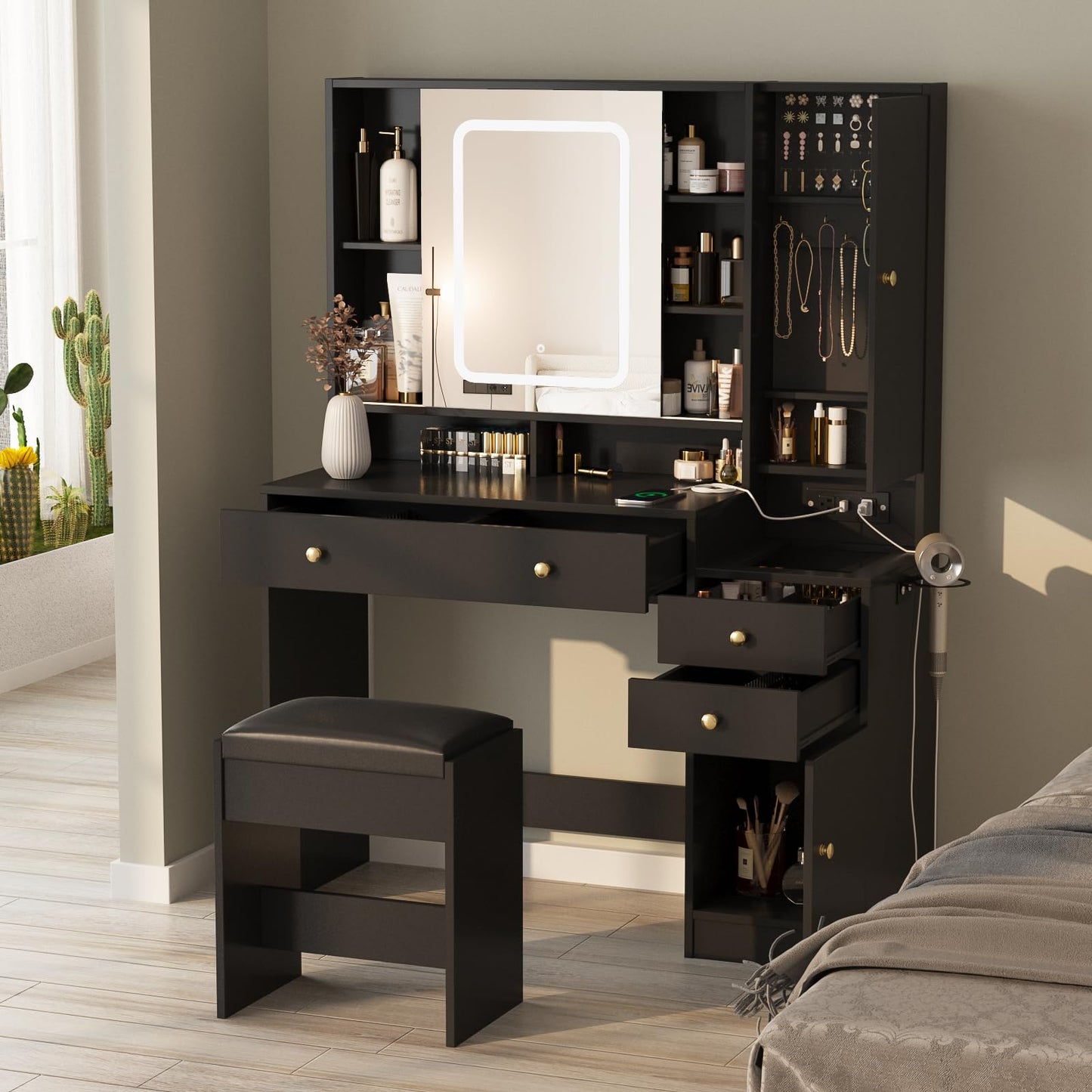 Vanity Table with Mirror, Lights and Charging Station - Glass Top Vanity with 3 Drawers, Jewelry Cabinet and Sliding Door, 42.8 Inches - WoodArtSupply