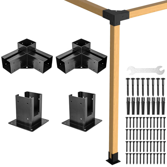 Glossy Black 3-Way Woodwork DIY Pergola Brackets Kit, Elevated Wood Stand Kit with Powder-Coated Steel, Include Extension Brackets & Post Base Brackets| Modular Pergola Kit for 4x4 Wood Post(2 Pair)