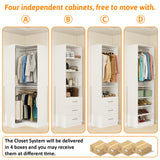 Vomavex Closet System with 4 sets, 101.9" Closet Organizer Systems with 6 Drawers & 8 Hanging Rods & Adjustable Shelves, Walk in Closet Standing Closet System, Corner Closet System Set, White vomavex