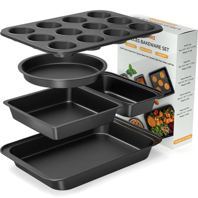 Zapstarz 5 Pieces Baking Pans Set, Nonstick Baking Sheet Tray Oven Pans Bakeware Set, Baking Supplies with Round/Square Cake Pan, Muffin Pan, Loaf Pan, Roast Pan, Stackable Baking Sets for Cooking