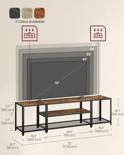 VASAGLE Modern TV Stand for TVs up to 75 Inches, 3-Tier Entertainment Center, Industrial TV Console Table with Open Storage Shelves, for Living Room, Bedroom, Rustic Brown and Black ULTV098B01