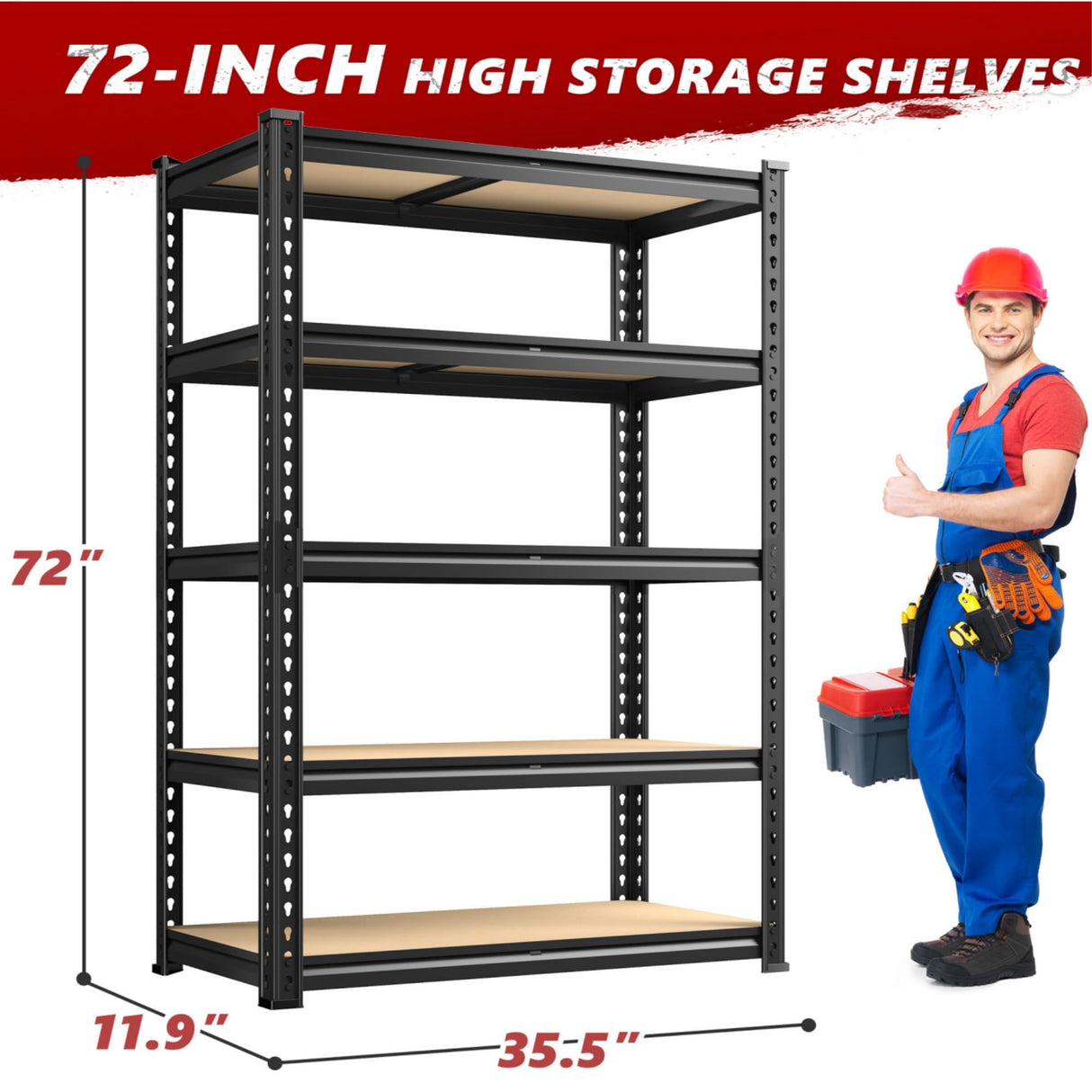 REIBII 2020LBS Storage Shelves 5 Tier Garage Shelving Heavy Duty Adjustable Garage Shelves, Utility Rack Shelf, Shelving Units for Storage Warehouse Pantry Closet, 35.5" W x 11.9" D x 72" H, Black REIBII