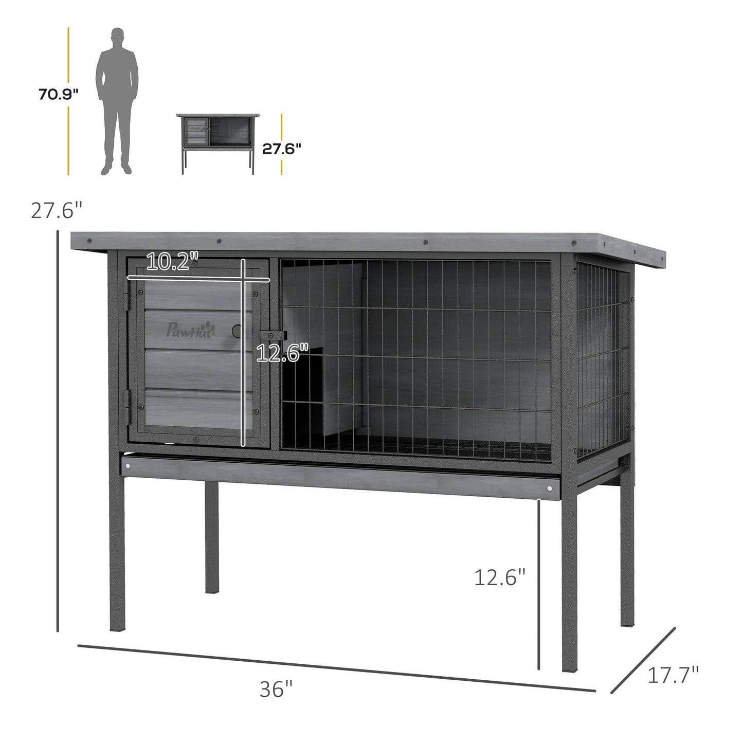 PawHut Rabbit Hutch Elevated Bunny Cage Small Animal Habitat with Metal Frame, No Leak Tray, Metal Wire Pan and Openable Water-Resistant Asphalt Roof for Indoor/Outdoor Gray