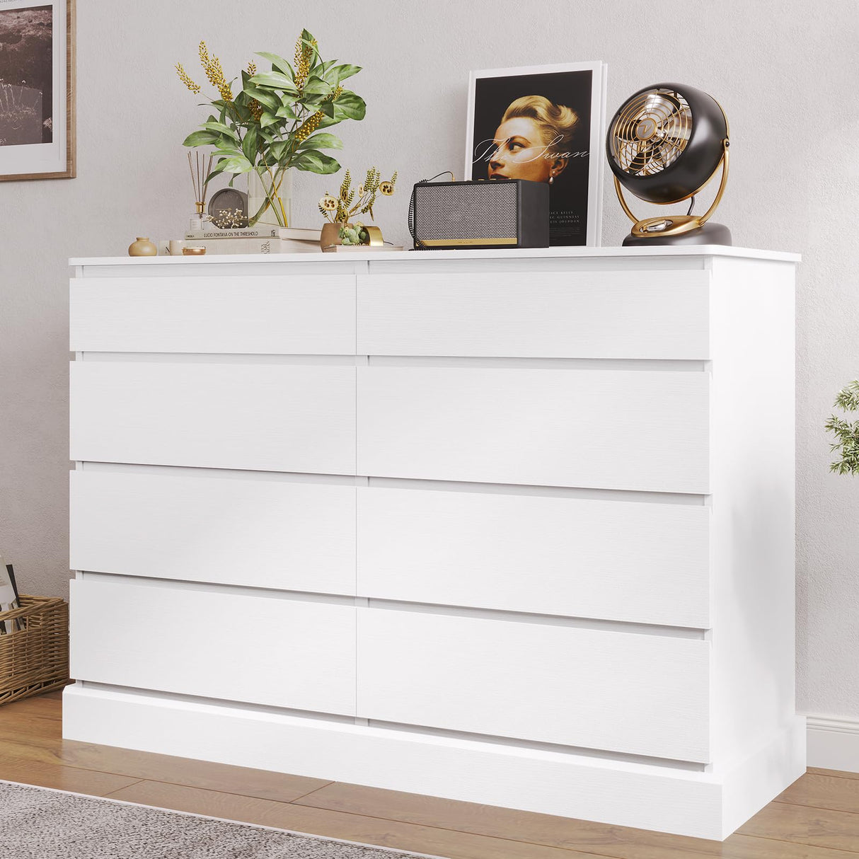 Hasuit White Dresser for Bedroom, Long Dresser with 8 Drawers, 51.5''W Wooden Dressers Chest of 8 Drawers, Large Capacity Clothing Storage Cabinet, Wide Dressers for Bedroom Living Room Entryway Hasuit