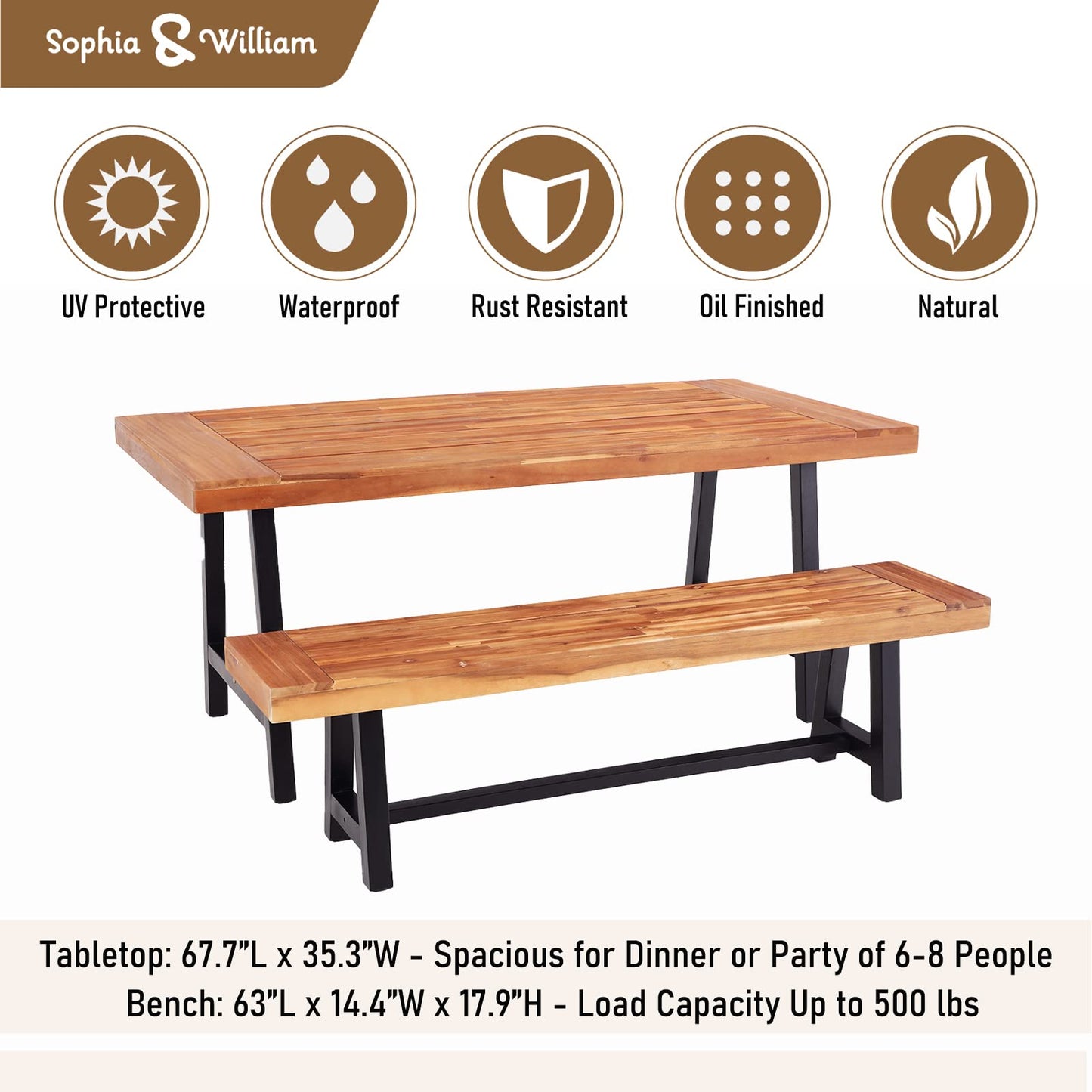 Outdoor Patio Dining set with Bench for 4, 3 Pieces Patio Outdoor Table Set Clearance for Backyard Deck Porch Outside, Acacia Wood Table and Benches Teak, Oil Finished & Spray Painted - WoodArtSupply