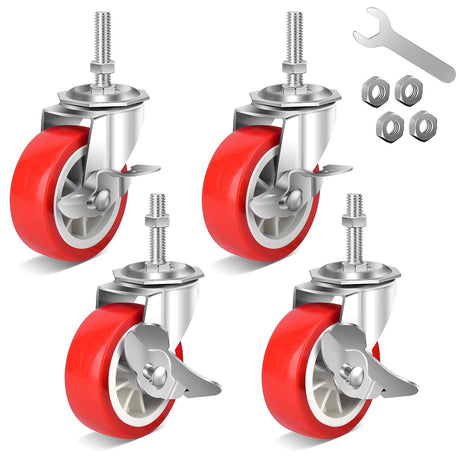 3 Inch Heavy Duty Stem Casters Swivel Wheels with Brake - 3/8" -16 x 1-1/2" (Stem Diameter 3/8", Stem Length 1-1/2"),Set of 4 with Locking Threaded Stem Caster Wheels - Load 600lbs NISUSK