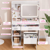 Hogxp Vanity Desk with Sliding Mirror & Power Outlets - Dimmable LED Lighting, 4 Open Shelves, 2 Drawers, 1Storage Cabinet & Padded Stool - Ideal Bedroom Makeup Dressing Table （White） Hogxp