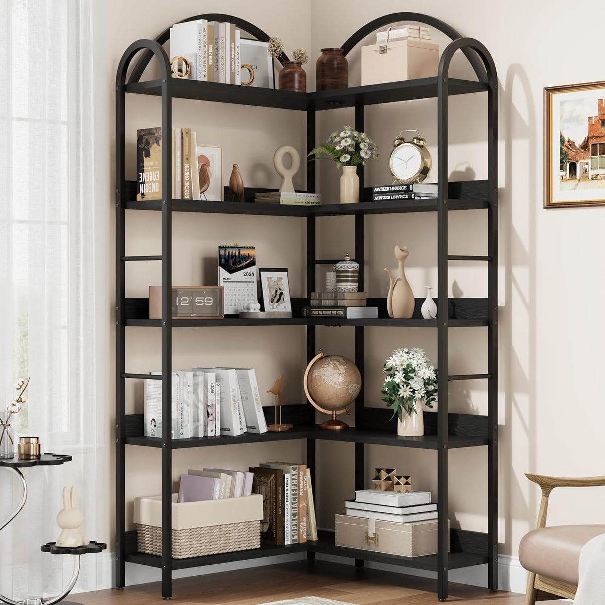 GAOMON 5 Tier Arched Corner Bookshelf, L Shaped Tall Large Bookcase with Shelves, Wood and Metal Bookshelves Storage Organizer, Industrial Display Standing Shelf Unit for Bedroom, Living Room, Black GAOMON