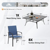 SUNSHINE VALLEY Patio Dining Set for 8, 60" x 60" Square Metal Table with Umbrella Hole, 8 x Stable Dining Chairs, Outdoor Table and Chairs Set for Lawn Backyard and Deck, Blue SUNSHINE VALLEY