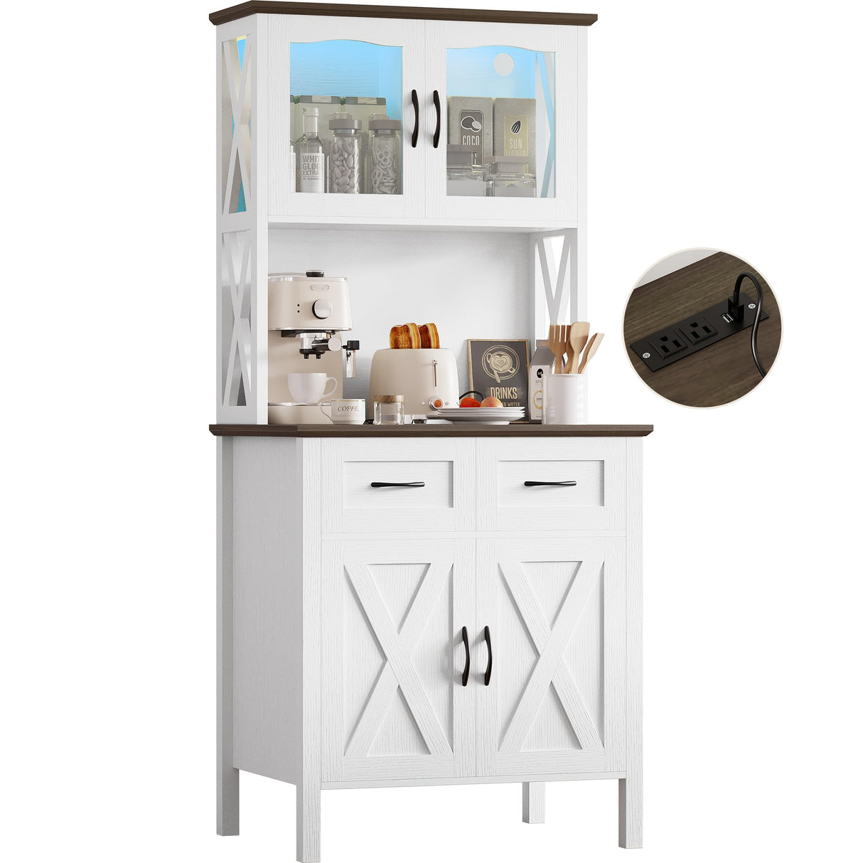 IRONCK 71" Kitchen Pantry Cabinet with LED Lights and Power Outlets, Farmhouse Kitchen Hutch Cabinet with Microwave Stand, Tall Cupboard Kitchen Cabinet with Countertop for Kitchen, White IRONCK