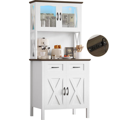 IRONCK 71" Pantry Cabinet with LED Lights and Charging Station, Tall Kitchen Storage Cabinet with Microwave Stand, Farmhouse Kitchen Hutch for Dining Room, White