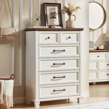 SAVOR LIFE Farmhouse 6 Drawer Dresser for Bedroom, 45 Inch Tall Vintage Wood Chest of Drawers, Rustic Dressers w/Square Wooden Legs, Mid-Century Storage Organizer for Living Room, Hallway, White SAVOR LIFE