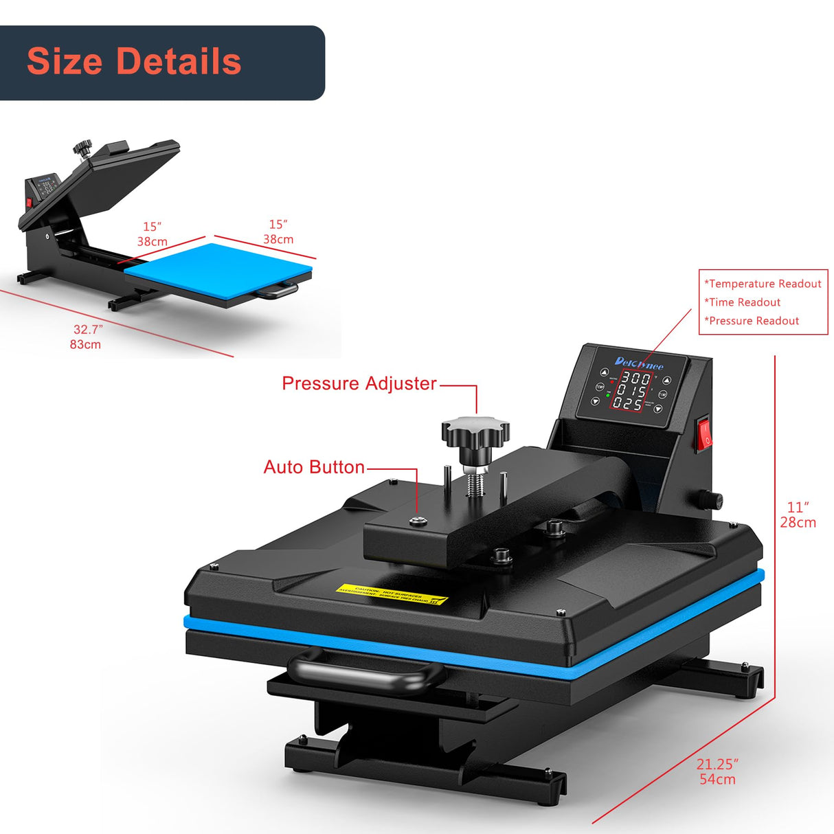 Delclynee Auto 15"x15" Heat Press Machine with Automatic Press and Release, Slide Out Lower Platen, Adjustable Pressure with Pressure Readout, Digital Industrial Clamshell Sublimation Printer (Black) Delclynee