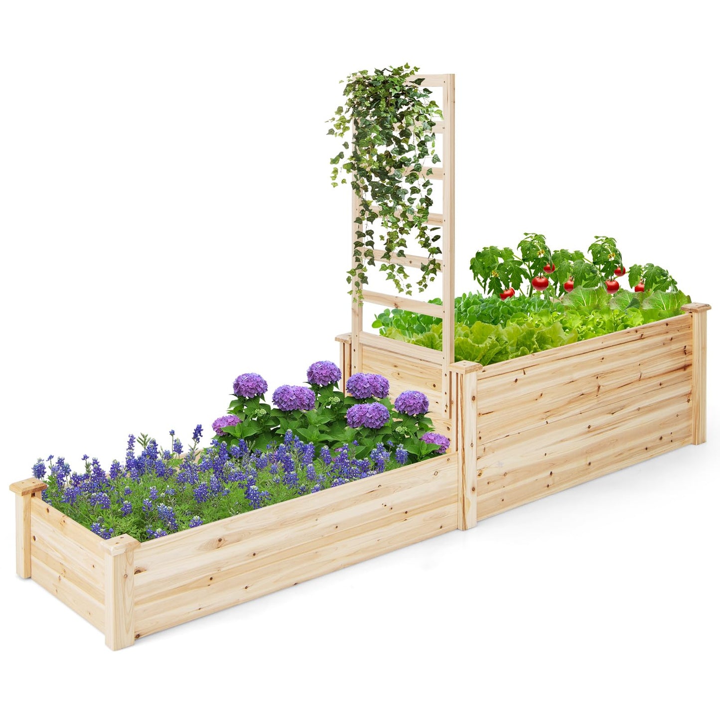 Giantex Raised Garden Bed with Trellis, Set of 2 Wood Shallow & Deep Planter Box for Climbing Plants Cucumber Vegetables Flowers Herbs Fruits, Easy Assembly, Outdoor Rectangular Floor Gardening Beds