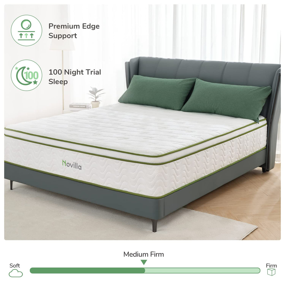 Novilla King Mattress, 12 Inch Hybrid Mattress with Gel Memory Foam & Pocketed Coil for Pressure Relief & Motion Isolation, Medium Soft King Bed Mattress in a Box, Amenity Novilla