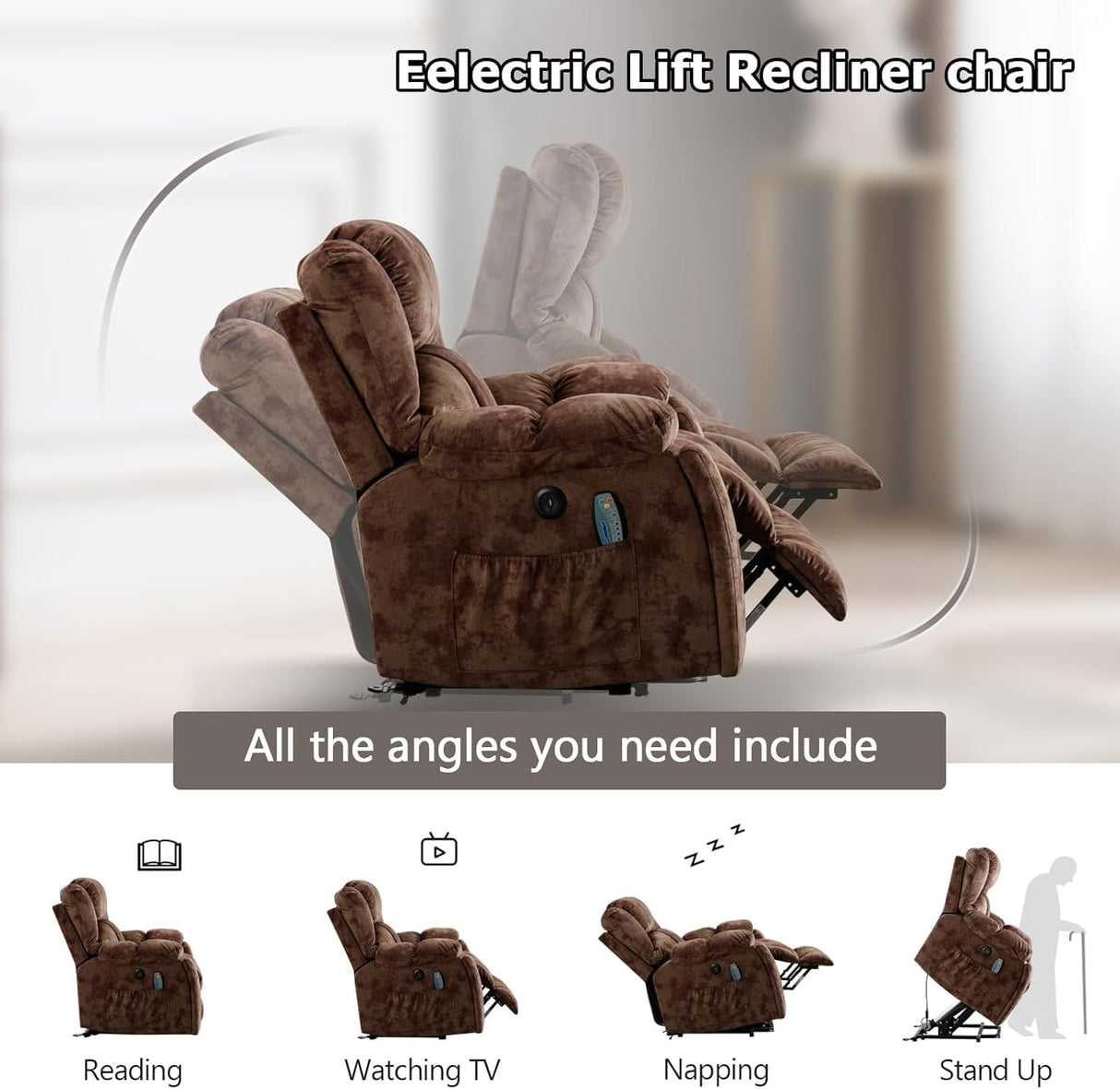 IOMOR Large Power Lift Recliner with Massage and Heat for Elderly, Electric Reclining Chair with USB Port, 2 Hidden Cup Holders, Side Pockets (1, Brown) IOMOR