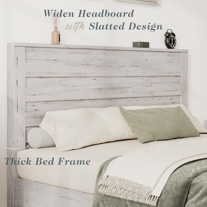 Albott Distressed White Queen Size Wood Platform Bed Frame with Stylish Headboard for Modern Farmhouse Decor