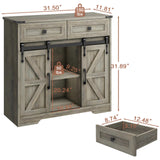 Vabches Farmhouse Storage Cabinet with Sliding Barn Doors and Drawers, Grey Freestanding Kitchen Pantry Cabinet, Floor Storage Cabinet for Bathroom, Living Room, Adjustable Shelves, Ample Space Vabches