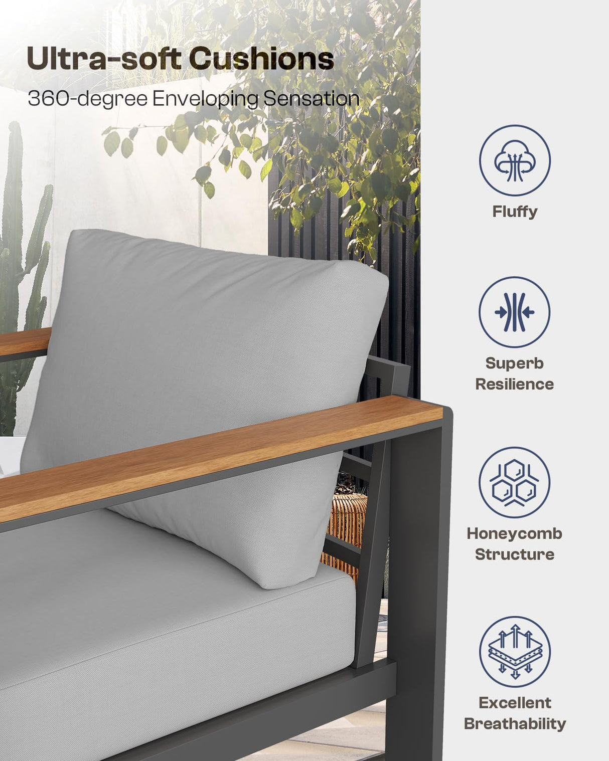 Oasbira Aluminum Outdoor Patio Furniture Set with Coffee Table, 5 Piece Patio Conversation Sets, Patio Sectional Furniture Set for Porch, Balcony, Yard, Gray Oasbira