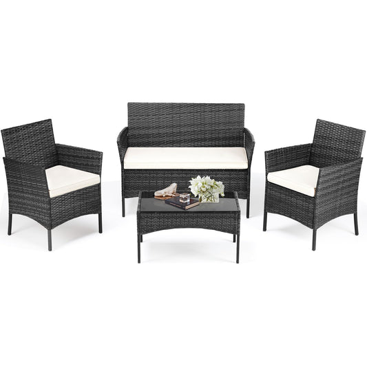 DUMOS Patio Furniture Set 4 Pieces, Outdoor Wicker Furniture with Coffee Table, Modern Rattan Patio Chairs Conversation Sets with Sofa for Garden, Terrace, Porch, Balconies, Lawns (Black and  - WoodArtSupply