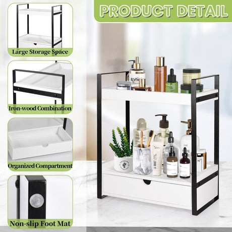 Ukonvi 2-Tier Bathroom Organizer Countertop with Drawer, Wood Counter Shelf for Storage, Vanity Tray for Bathroom Organization and Decor, Countertop Organizer for Kitchen, Office (White) Ukonvi