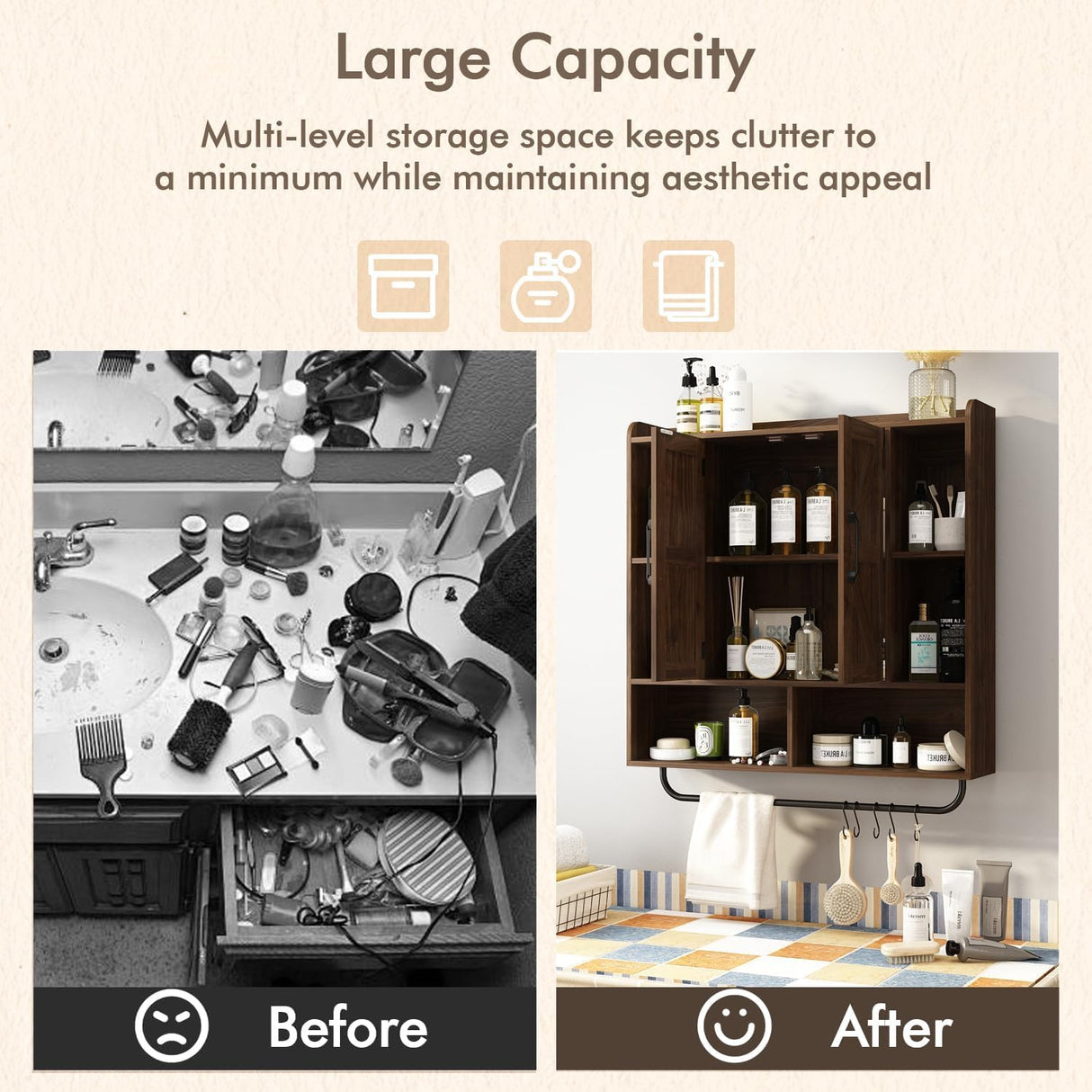 RUSTOWN Rustic Wood Wall Bathroom Cabinet, Farmhouse Medicine Cabinet Wall Mounted, Space Saving Wall Storage Cabinet with 2 Barn Door, 3-Tier Adjustable Shelves and Towel Bar(Dark Walnut) RUSTOWN