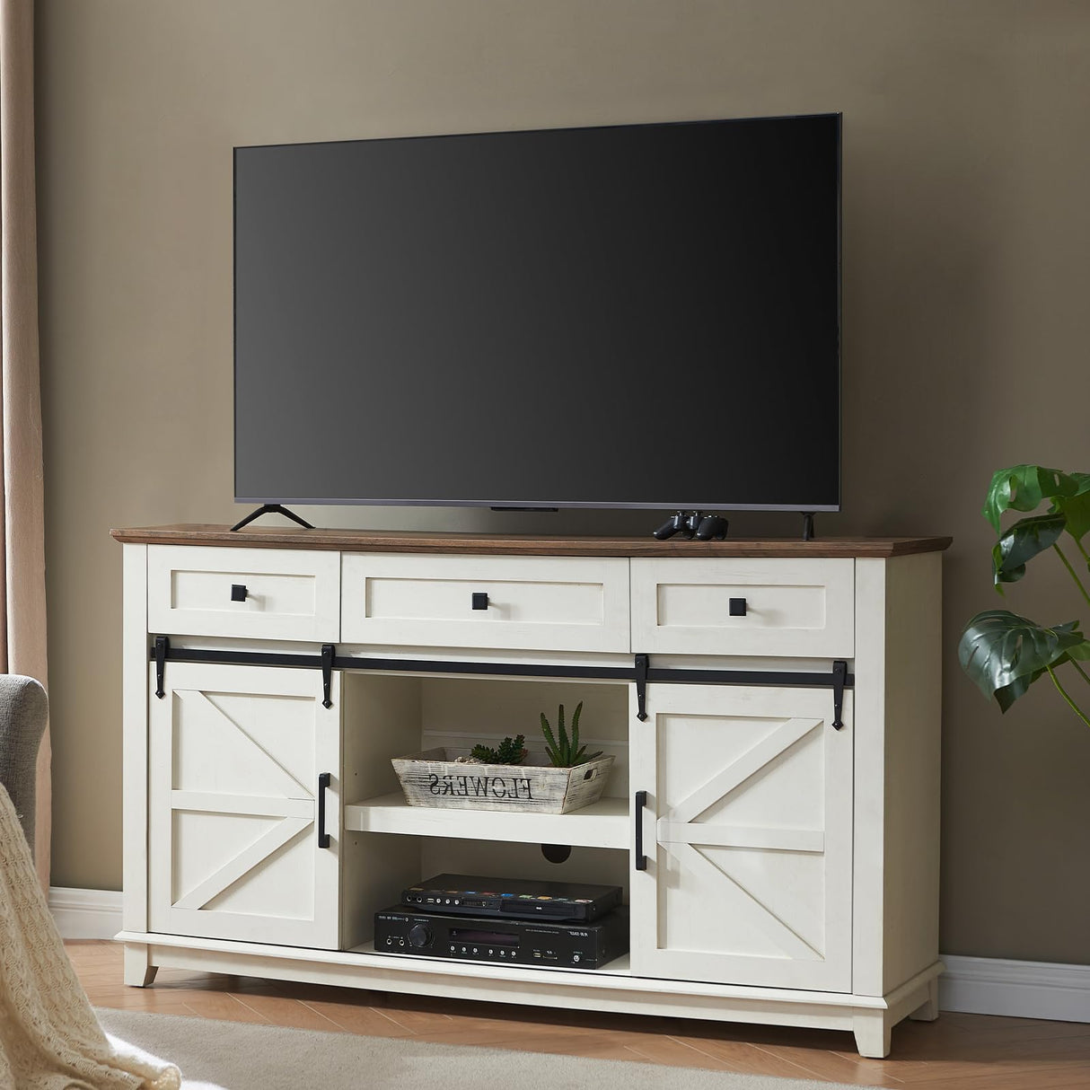 AMERLIFE Farmhouse TV Stand for Televisions up to 65 Inchs, Entertainment Center with Sliding Barn Doors and Storage Drawers, 59" TV Stand with Cabinets, Antique White AMERLIFE