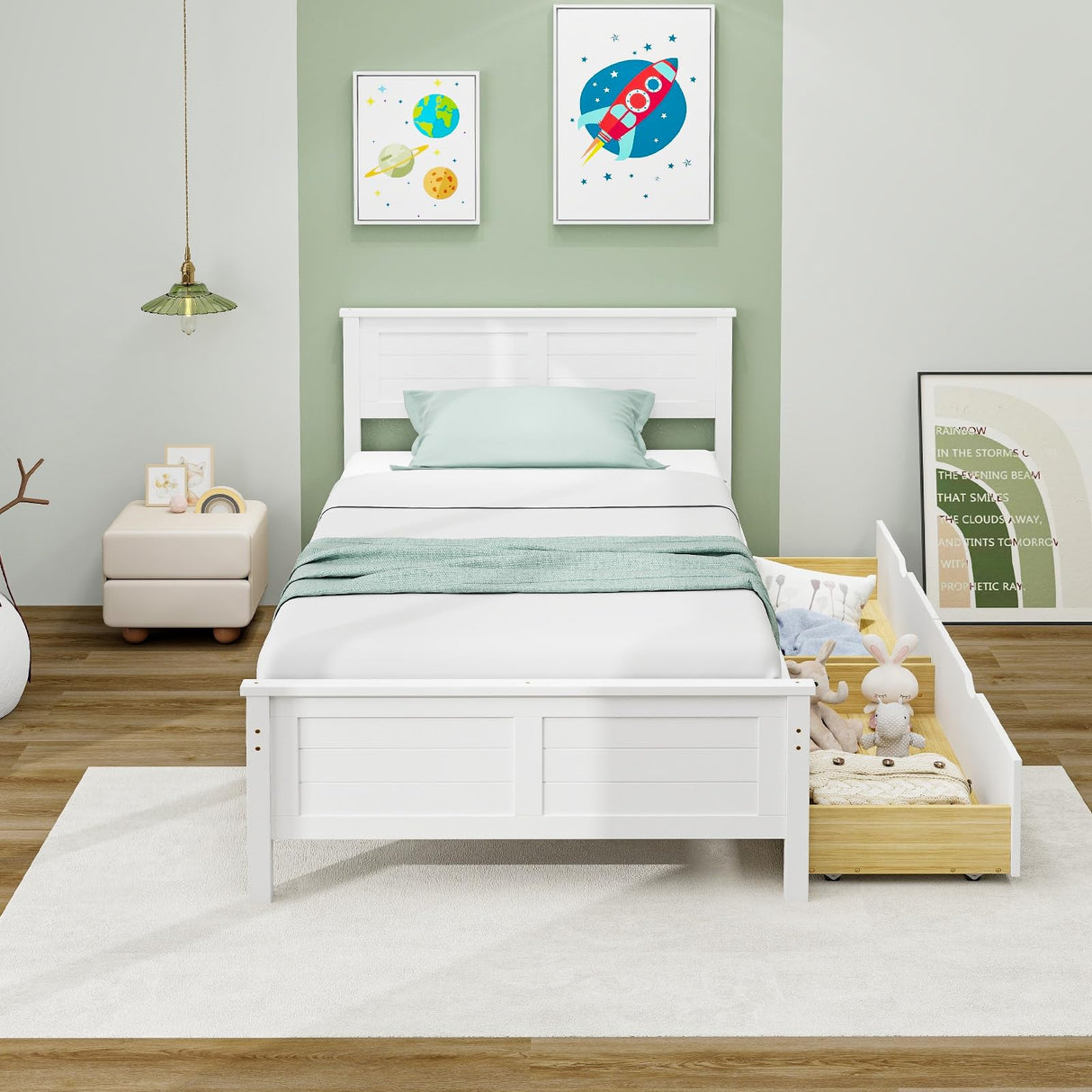 Giantex Wood Twin Bed with 2 Storage Drawers, Solid Wood Platform Bed with Headboard, Wooden Slats Support Mattress Foundation, No Spring Needed, Twin Bed Frame for Kids, Teens, Adults, White Giantex