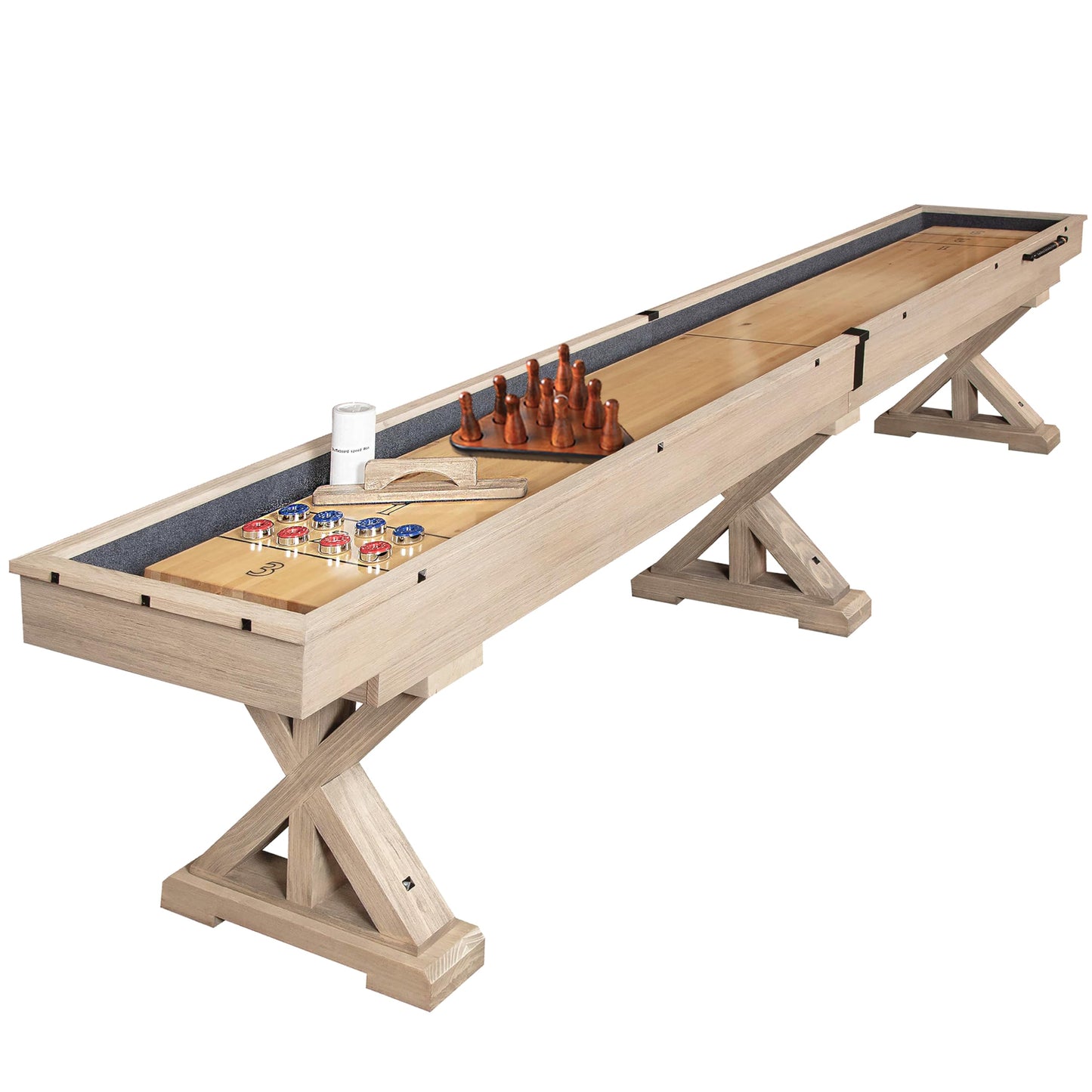 Freetime Fun 12 FT Shuffleboard Table Multi Game Solid Wood Game Tables for Game Room - Shuffle board Bowling Pin Set, Pucks, Wax and Brush - Two 6 FT Pieces - WoodArtSupply