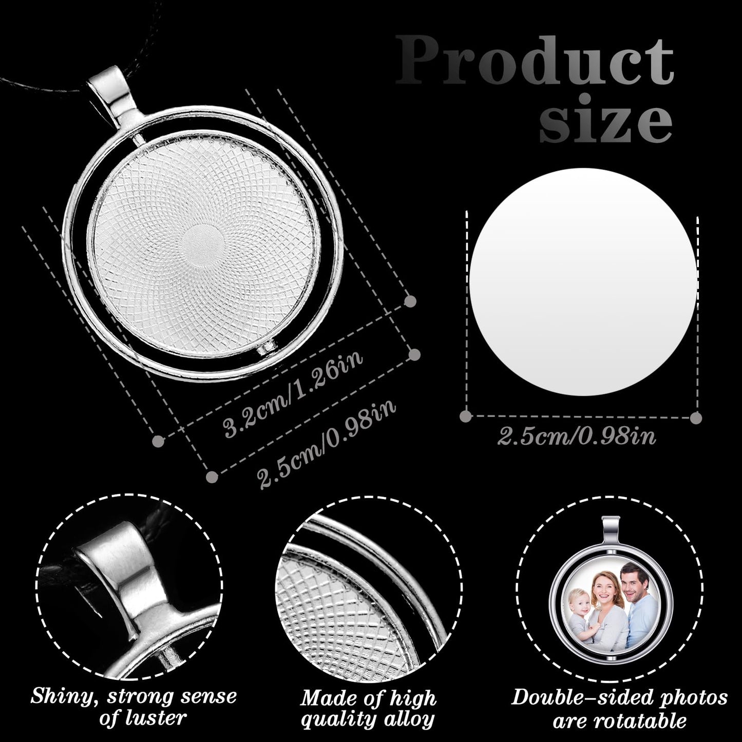 Junkin 24 Pcs Sublimation Rhinestone Trays Pendant Set, Including 6 Double Sided Blank Rhinestone Bezel Trays, 6 Pcs Thick Chains with 12 Sublimation Discs for Making (Round Style)