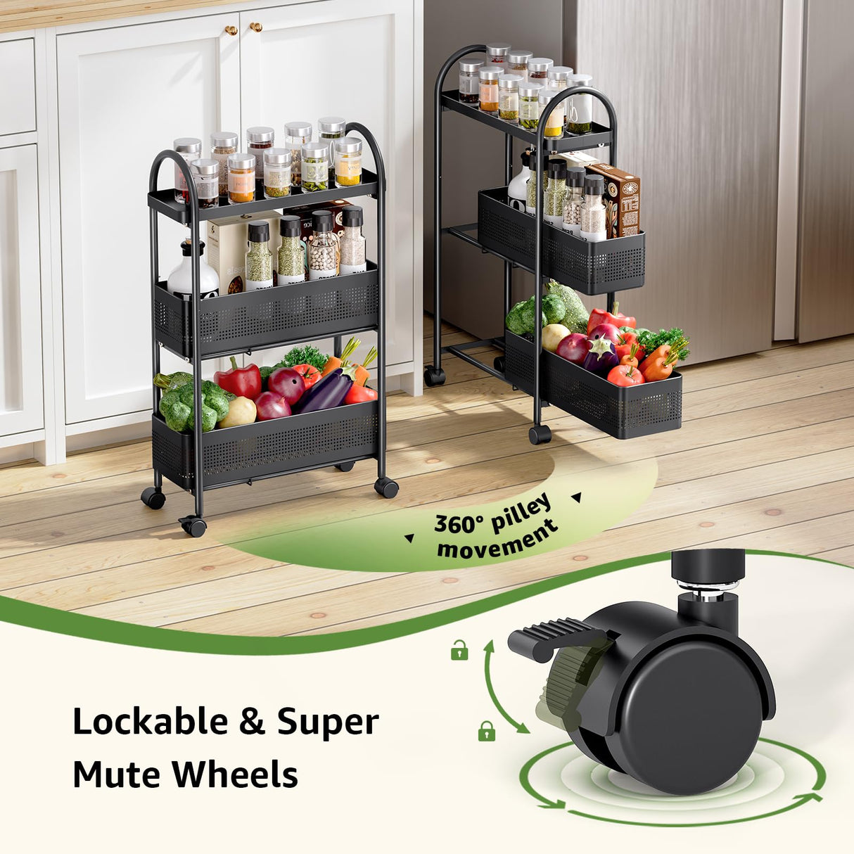 KINGRACK 3-Tier Slim Storage Cart with Pull Out Basket, Rolling Bathroom Organizer Utility, Metal Shelving Unit Slide Out, Lockable Wheels, Easy Assembly for Narrow Place, Kitchen, Laundry Room, Black KINGRACK