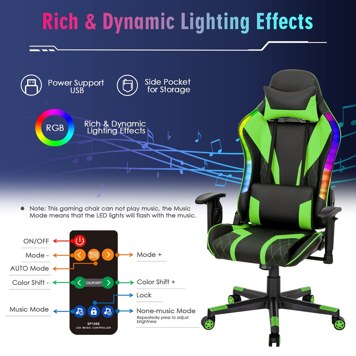 Giantex Gaming Chair with RGB LED Lights, Ergonomic Video Game Chair, High Back PVC Leather E-Sport Computer Chair Adjustable w/Headrest & Lumbar Support (Green) Giantex