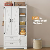 LIKIMIO Armoire Wardrobe Closet 71" H, Bedroom Wooden Wardrobe with 4 Doors and 2 Drawers, Farmhouse Clothing Storage Cabinet Combination with Hanging Rod, Shelves, and Hooks, White LIKIMIO