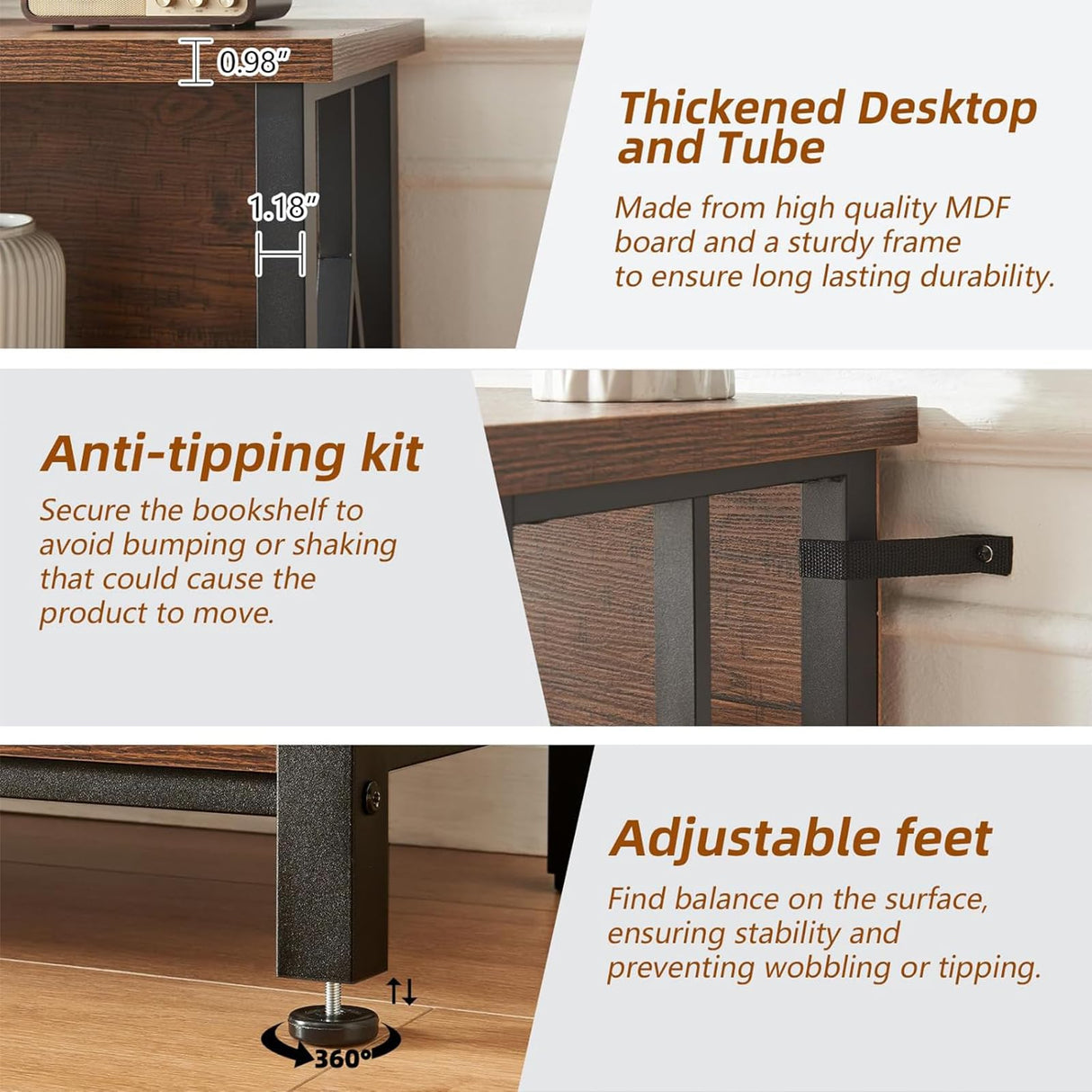 HOMISSUE Bookshelf, 4-Tier Rustic Short Bookshelf, Industrial Shelf Bookcase with Engineered Wood Shelves, Low Bookcase with Storage, Small Shelf for Living Room, Bedroom and Office, Rustic Brown HOMISSUE