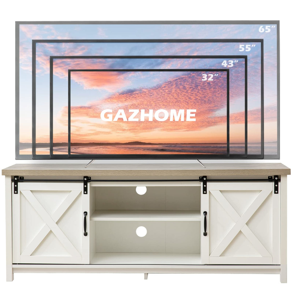 GAZHOME Modern Farmhouse TV Stand with Sliding Barn Doors, Media Entertainment Center Table for TVs up to 65”,2-Tier Large Storage Cabinets,Rustic TV Stand for Living Room Bedroom,Antique White GAZHOME
