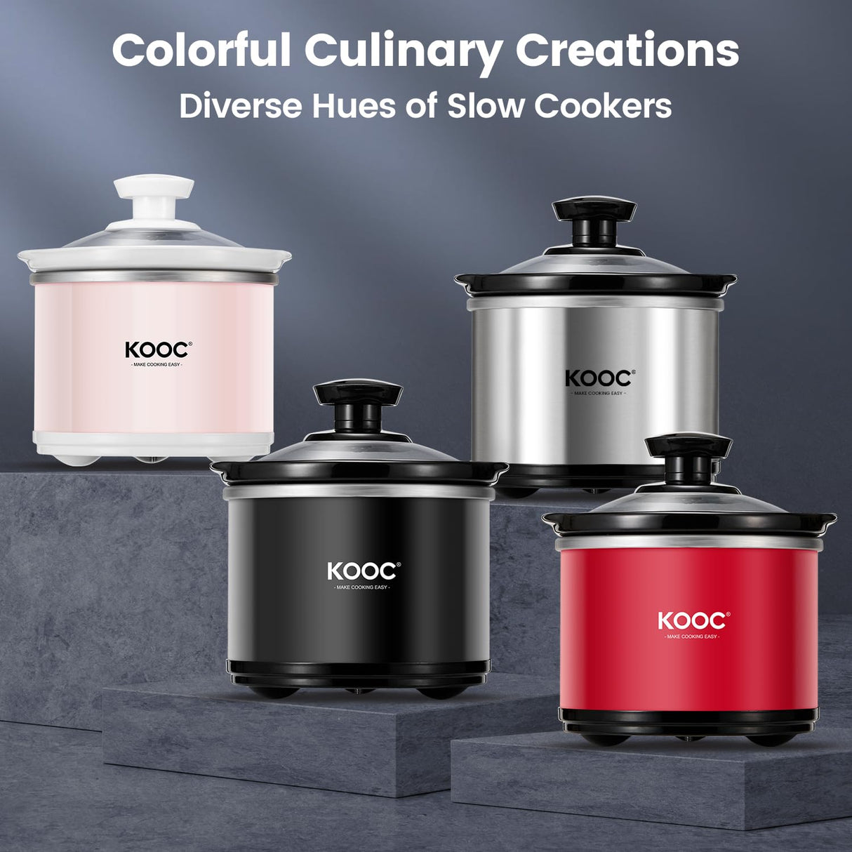 KOOC Small Slow Cooker, 0.65-Quart, Free Liners Included for Easy Clean-up, Upgraded Ceramic Pot, Nutrient Loss Reduction, Stainless Steel, Silver, Round KOOC