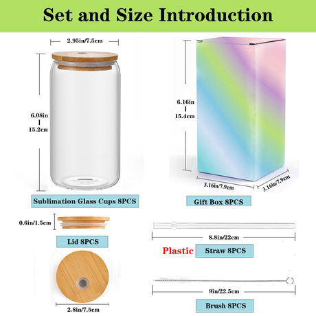 ABBSH Sublimation Glass Blanks With Bamboo Lid, Sublimation Frosted Glass Tumbler 16OZ, Sublimation Beer Can Glass, Frosted sublimation Glass Cups With Bamboo Lids And Straws 8Pack ABBSH