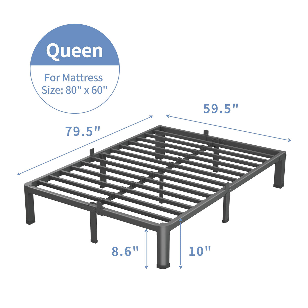 VIPSHOW 10 Inch Queen Bed Frame, 3500Lbs Heavy Duty Metal Platform with Round Corner Legs Mattress Slide Stopper, Steel Slat Support No Box Spring Needed, Noise Free, Non-Slip, Easy Assembly VIPSHOW