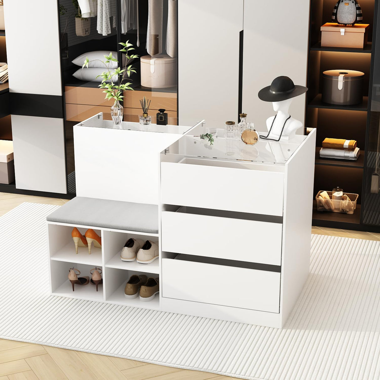 TAMUNE Armoire Bedroom Island Wardrobe Closet Island with 9 Drawers & Glass Tabletop, Islands Dresser with Bench, Closet Islands for Bedroom Cloakroom White (47.2”W x 27.5”D x 31.5”H) TAMUNE