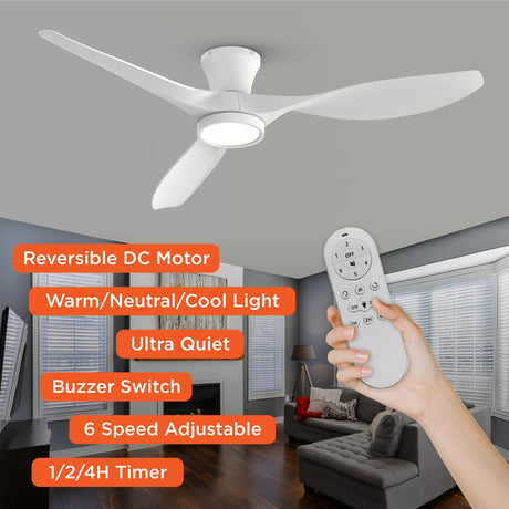 TALOYA 52 inch Ceiling Fans with Lights Remote Control, Modern Low Profile Ceiling Fan with Quiet Reversible DC Motor for Bedroom Living Room and Patio White TALOYA