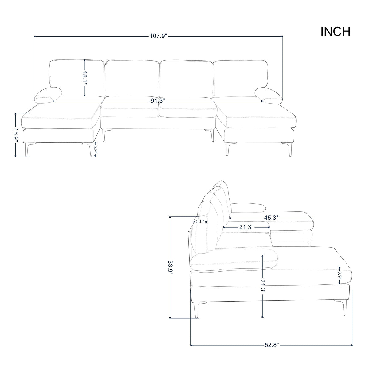 OMMGG 107.9” U Shaped Sectional Sofa with Double Extra Wide Chaise, Seat Cushions & Removable Back, for Living Room, Office, Apartment OMMGG