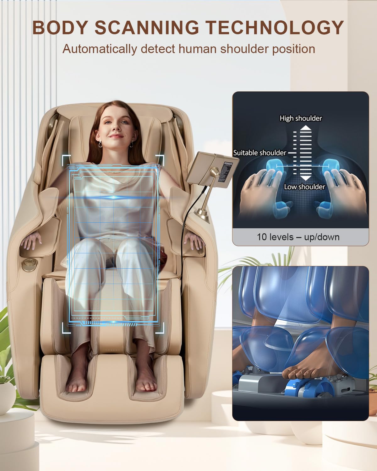 RELX 2025 Massage Chair Full Body, Zero Gravity Airbag Shiatsu Massage Chair with SL-Track, Heating, AI Control, Body Scan, 13 Modes, Foot Rollers, and Deep Yoga Stretch (Beige) RELX
