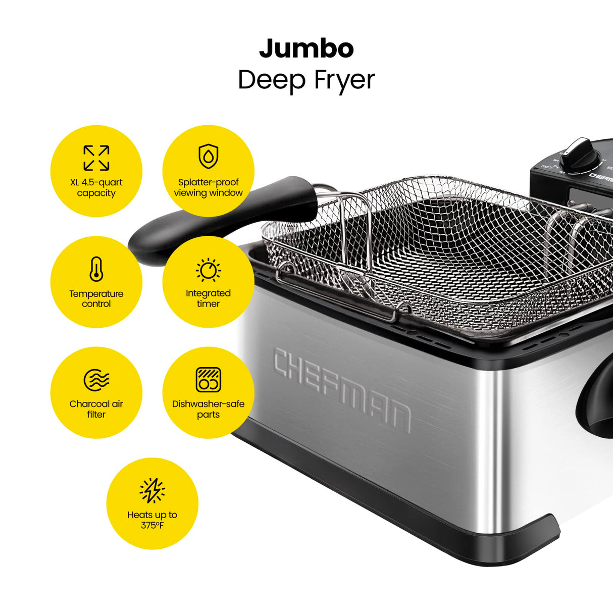 Chefman 4.5 Liter Deep Fryer w/Basket Strainer, XL Jumbo Size, Adjustable Temperature & Timer, Perfect for Fried Chicken, Shrimp, French Fries, Chips & More, Removable Oil-Container, Stainless Steel Chefman