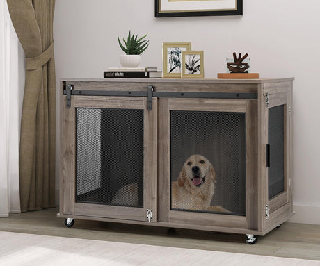 LINLUX 40 Inch Dog Crate Furniture, Wooden Heavy Duty Dog Kennel Indoor, Decorative Dog Cage Table for Large Medium Dogs, with Sliding Doors, Wheels and Flip-top Plate LINLUX
