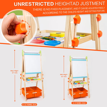 Kids Easel Including 100+ Accessories, Rundad Double Sided Wooden Easel for Kids Age 3-8 with Magnetic Chalkboard & Painting Board, Free Height Adjustable Art Easel Supplies for Toddlers - WoodArtSupply