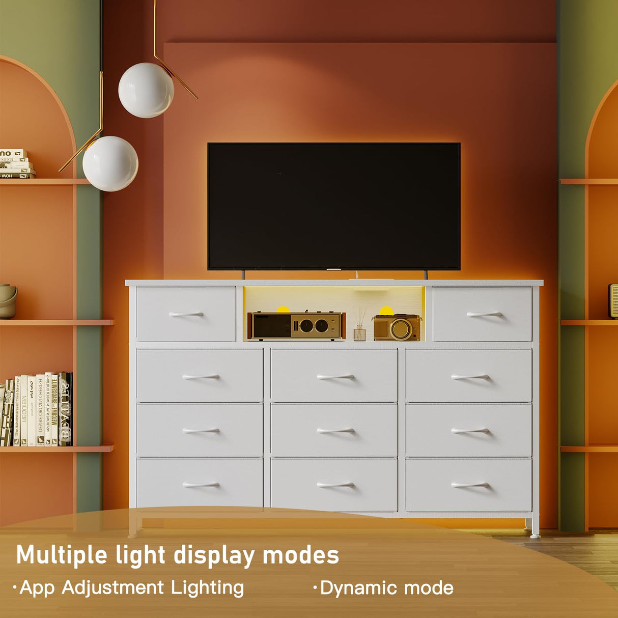 YGEOMER 59 Inches Long Dresser White Dresser or Bedroom 65-inch TV Stand with Charging Station and LED Lights, Fabric Chest of Drawers with PU Finish for Bedroom, Entryway YGEOMER