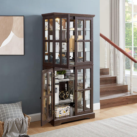 Lighted Glass Curio Cabinet with Lights & Adjustable Shelves,Curio Display Cabinet with Wood Frame & Glass Door,Corner Antique Display Case for Kitchen,Living Room,Office YiaFurio