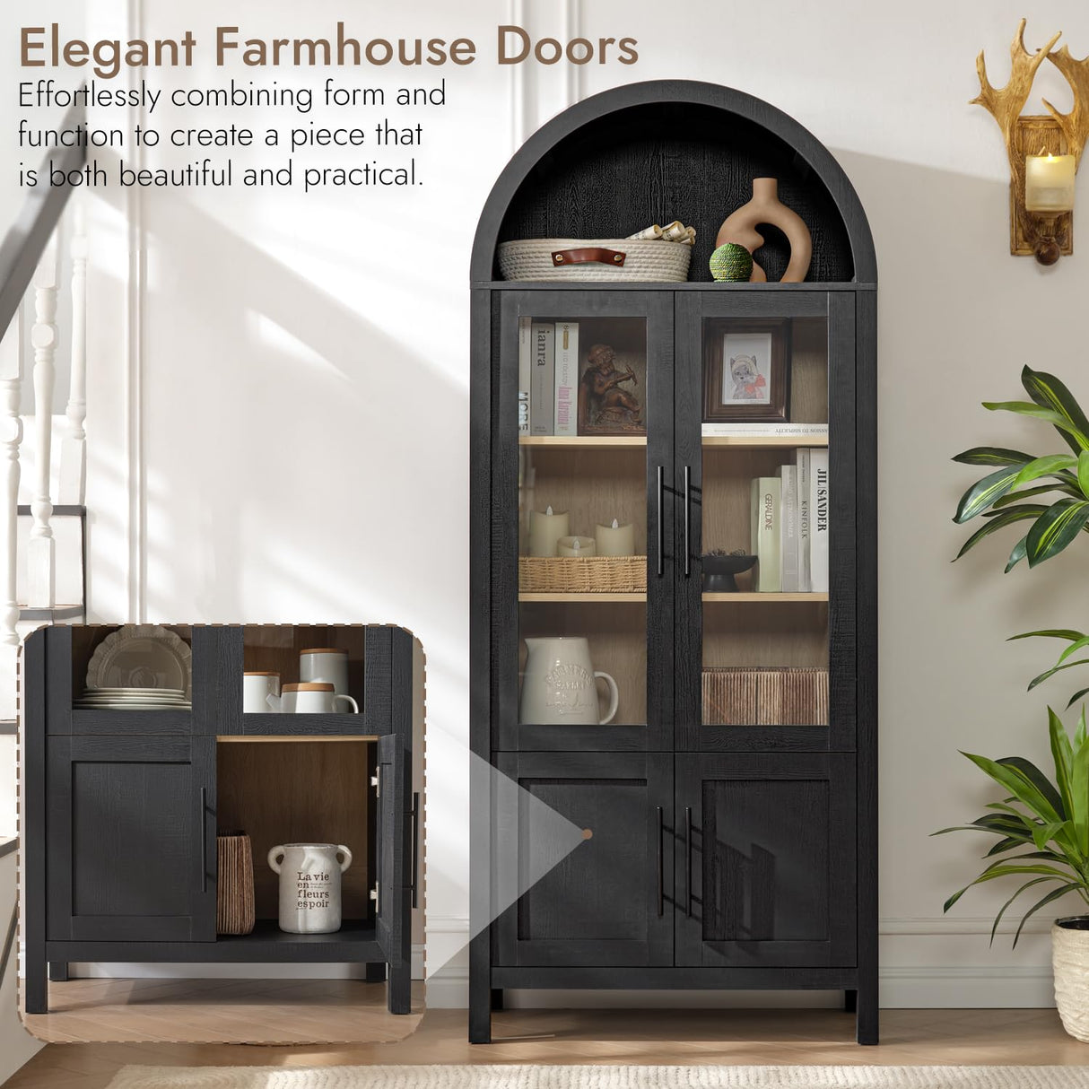 WINWY 71" Tall Arched Display Cabinet, 5-Tier Bookshelf Modern Farmhouse Arched Bookcase with Glass Doors and Shelves, Wooden Pantry Storage Cabinet for Living Room, Office and Kitchen, Black WINWY