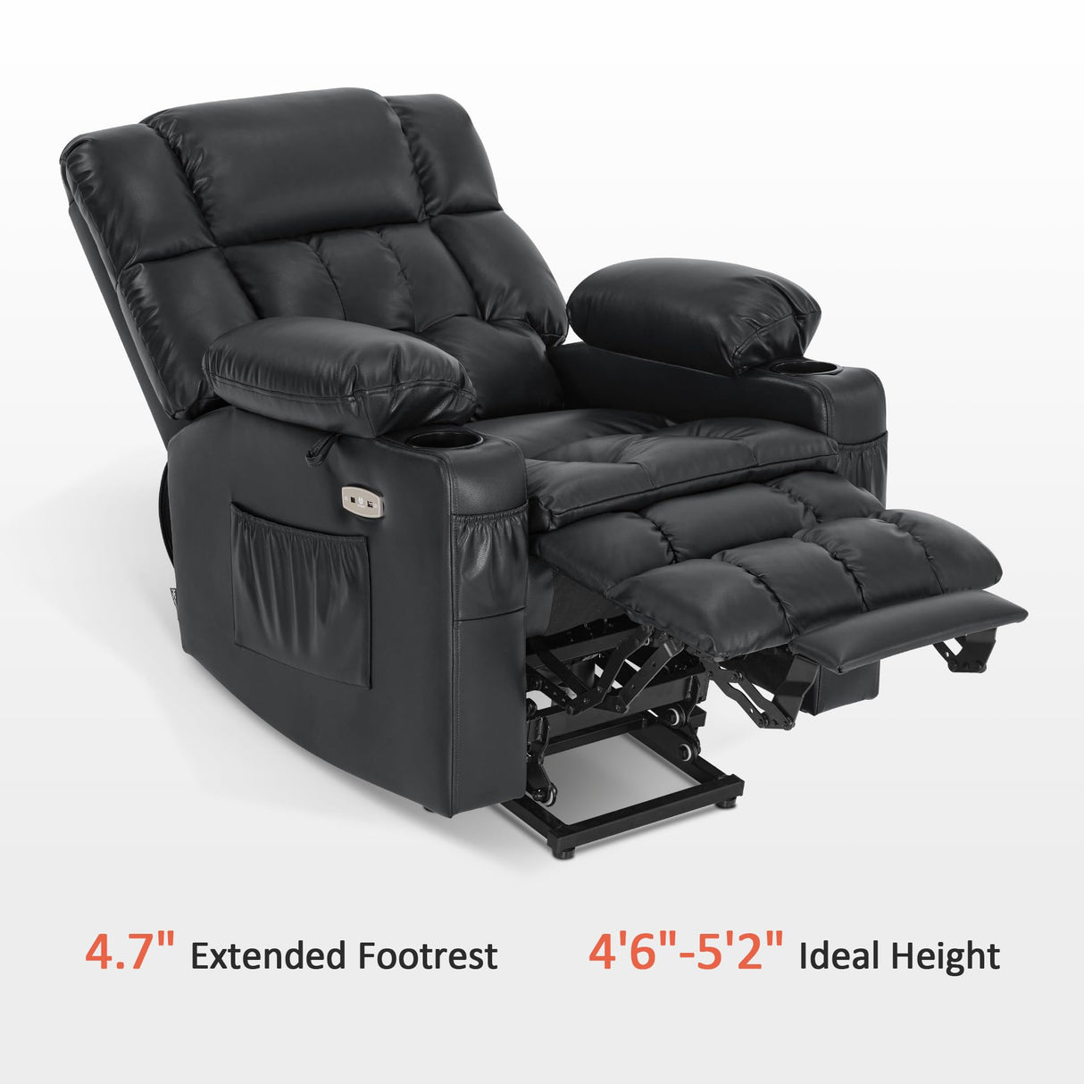MCombo Dual Motor Small Power Lift Recliner Chair for Elderly, Lay Flat Lift Chair with Heat and Massage, Petite Lift Chair, Cup Holders, Faux Leather 7893 (Black, Small) MCombo
